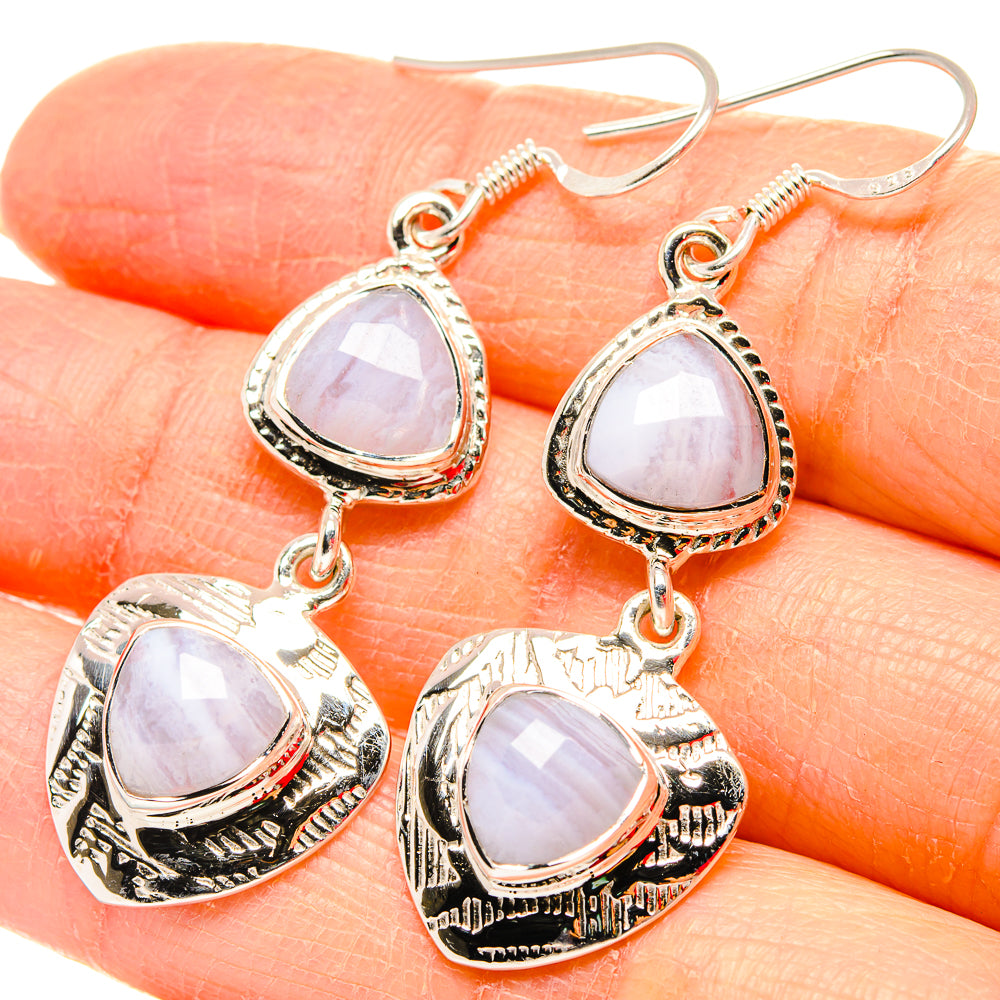 Sterling silver lace agate drop earrings, teardrop stones with dangling heart charms