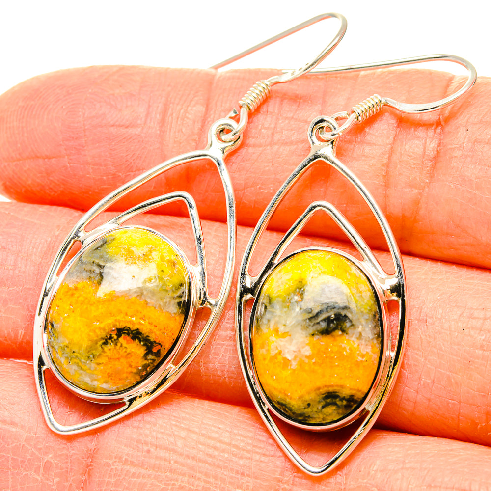 925 sterling silver teardrop earrings with yellow bumble bee jasper cabochons