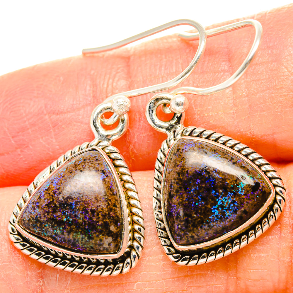Sterling silver opal drop earrings with triangle purple-blue stone and hoop hooks