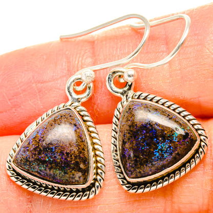 Sterling silver opal drop earrings with triangle purple-blue stone and hoop hooks