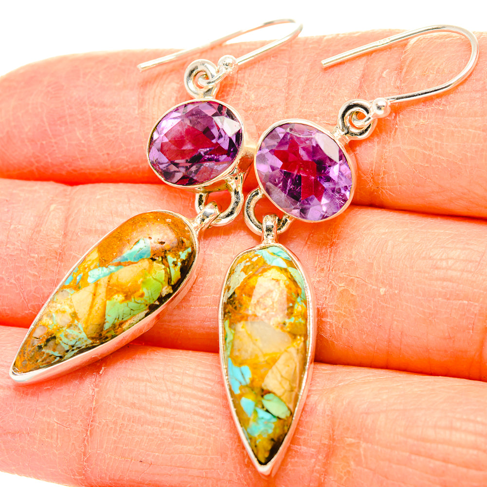 Sterling silver amethyst circle studs with turquoise teardrop stone dangles
