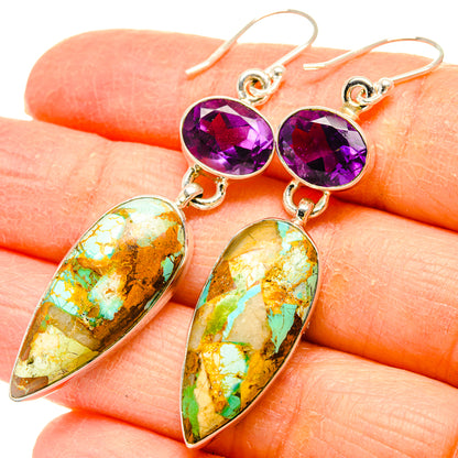 Amethyst and turquoise drop earrings in 925 sterling silver with purple oval stones