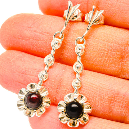 925 sterling silver garnet flower drop earrings with red round stones and dangling links
