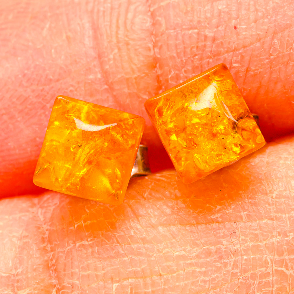 Orange translucent amber square stud earrings