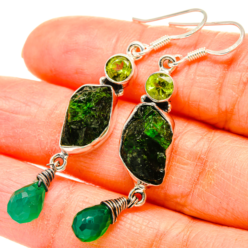 Green gemstone drop earrings in 925 sterling silver with large rough stones and green bead dangles