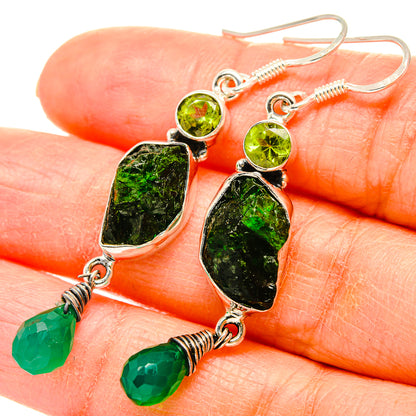 Green gemstone drop earrings in 925 sterling silver with large rough stones and green bead dangles
