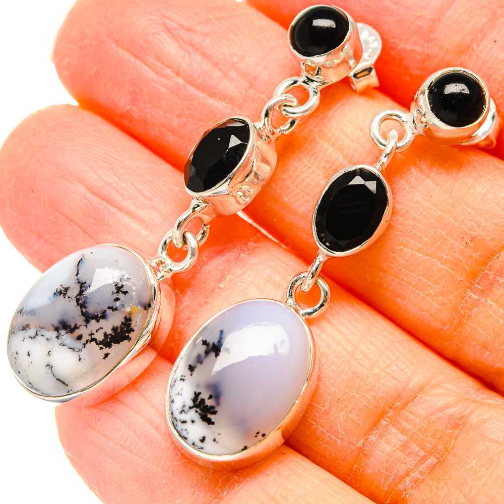 Dangle earrings with black onyx ovals and white dendritic opal oval drops in sterling silver