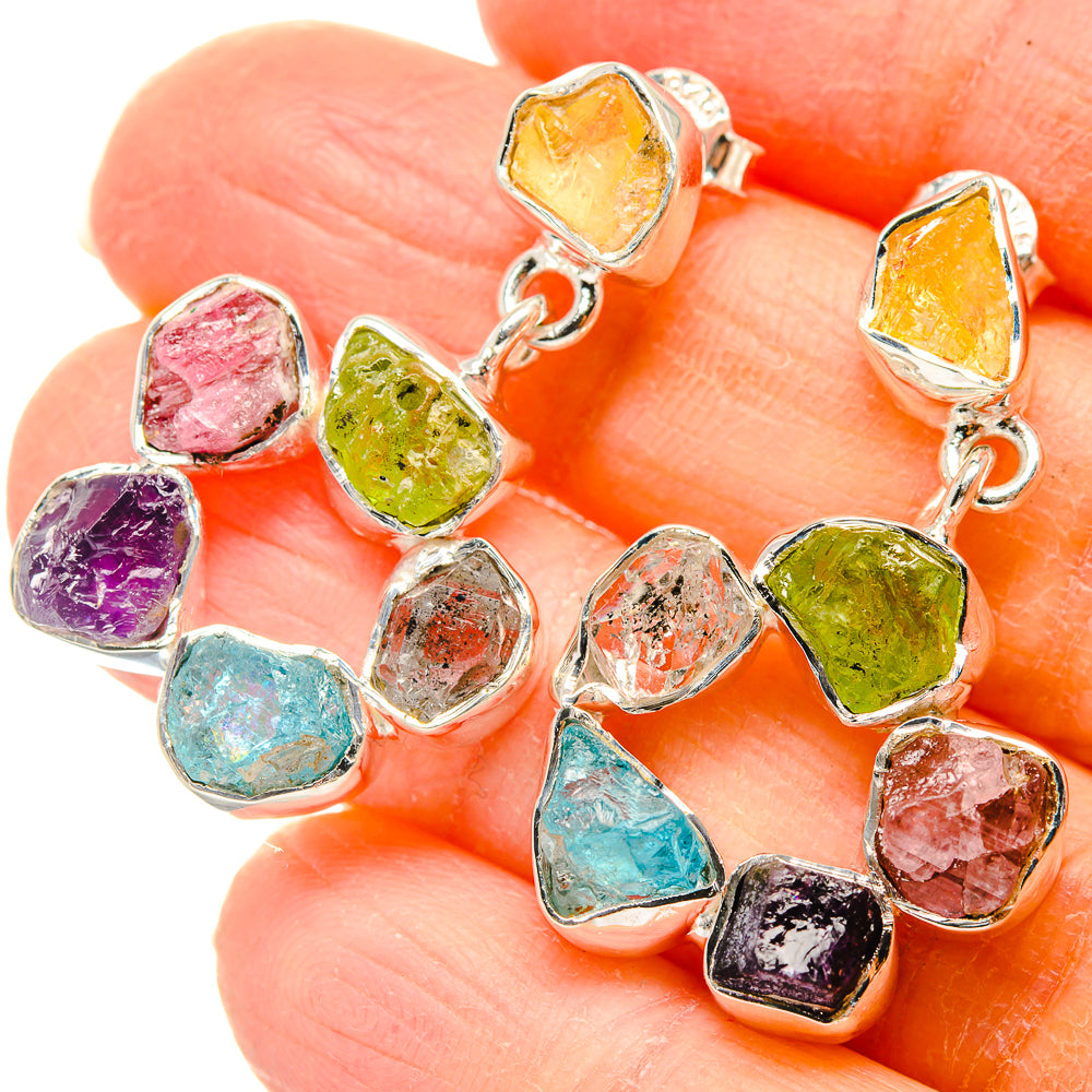 Rough multi-stone sterling silver drop earrings with mixed yellow, green, pink stones