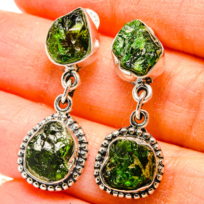 Chrome diopside green drop earrings in 925 silver with chain and textured stone settings