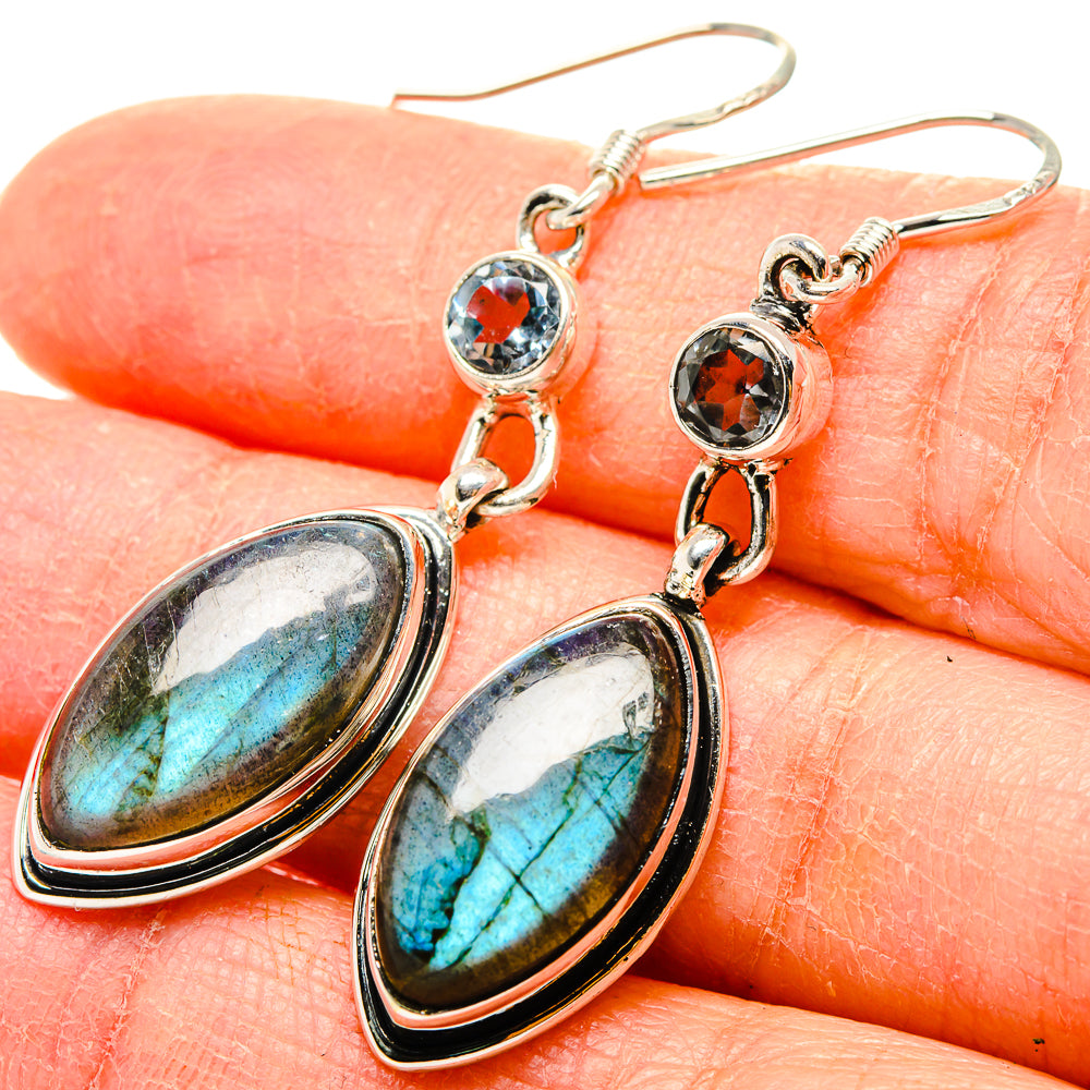 Sterling silver drop earrings with oval blue labradorite stones and multicolor round accents