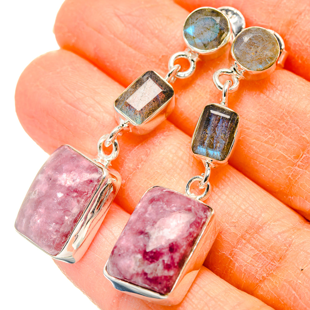 Sterling silver drop earrings with pink lepidolite and blue labradorite accents