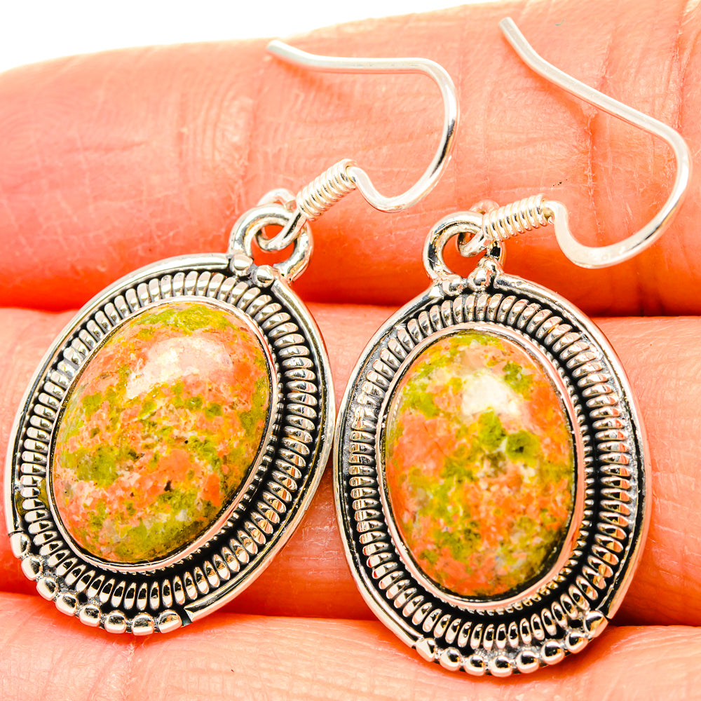 Sterling silver unakite oval cabochon earrings with ornate halo bezel and fishhook