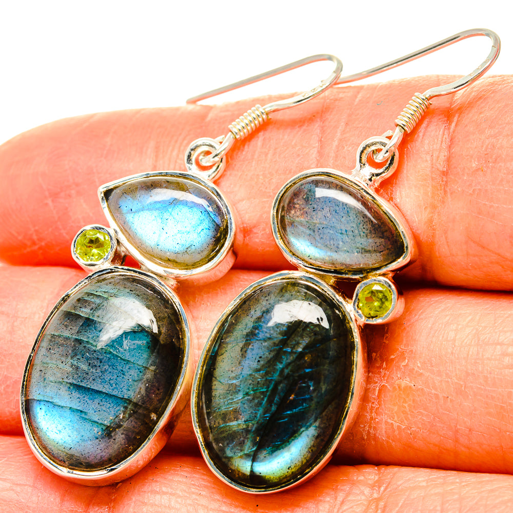 Sterling silver labradorite and peridot drop earrings with oval blue-green stones