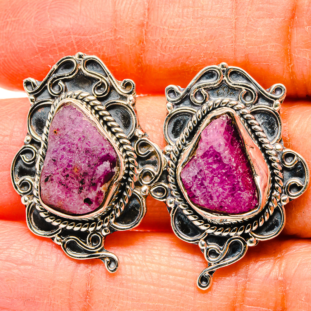 Rough fuchsite teardrop earrings, 925 sterling silver ornate setting, pink-purple stone