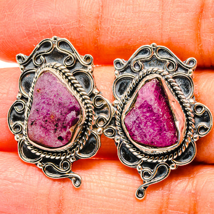 Rough fuchsite teardrop earrings, 925 sterling silver ornate setting, pink-purple stone