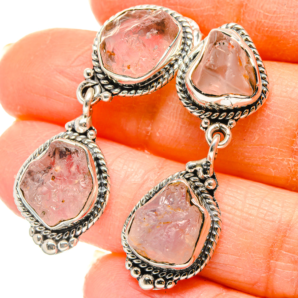 Sterling silver dangle earrings with rough pink rose quartz teardrop stones