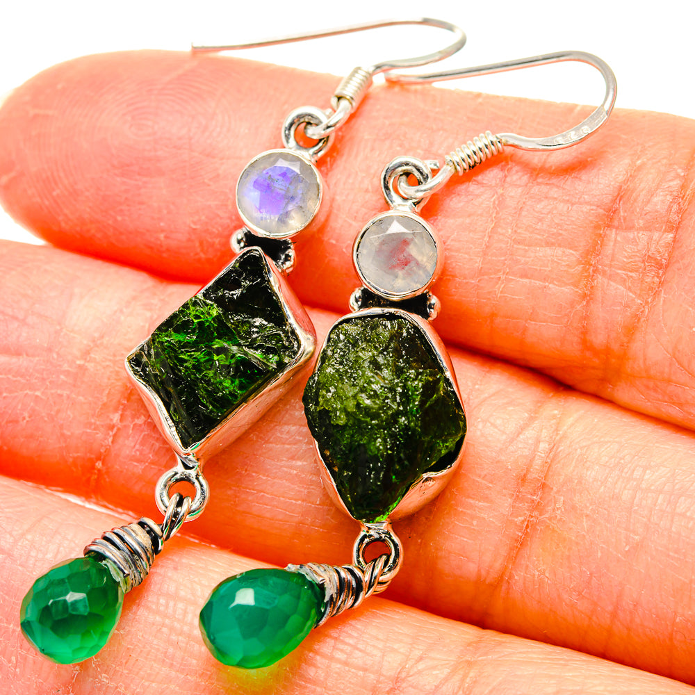 Silver drop earrings with green rough center, round opal-like top, and faceted green beads