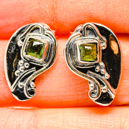 925 sterling silver peridot stud earrings with square green gemstone, ornate halo design