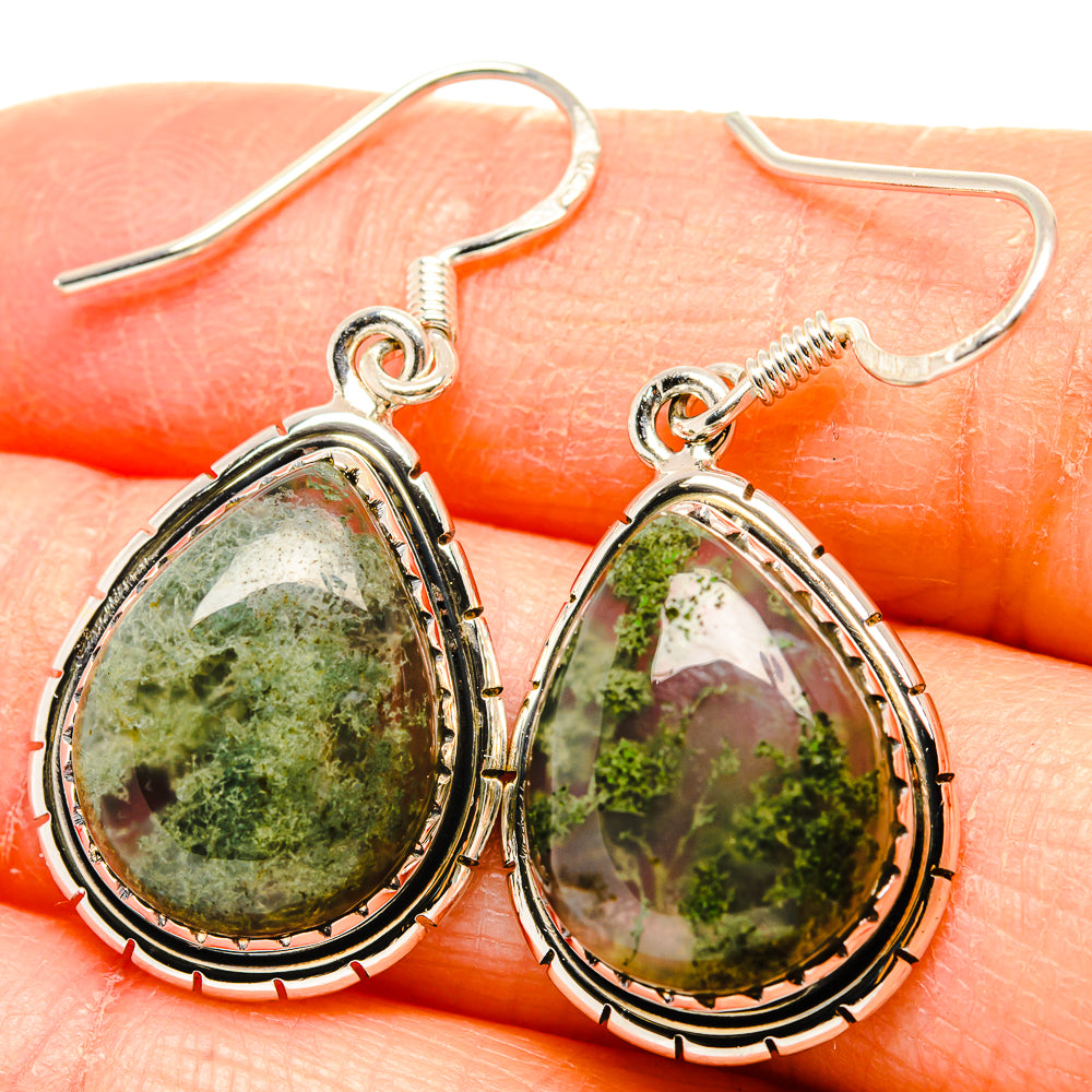 Green moss agate drop earrings with oval sterling silver bezel and fishhook backs