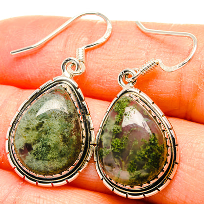 Green moss agate drop earrings with oval sterling silver bezel and fishhook backs