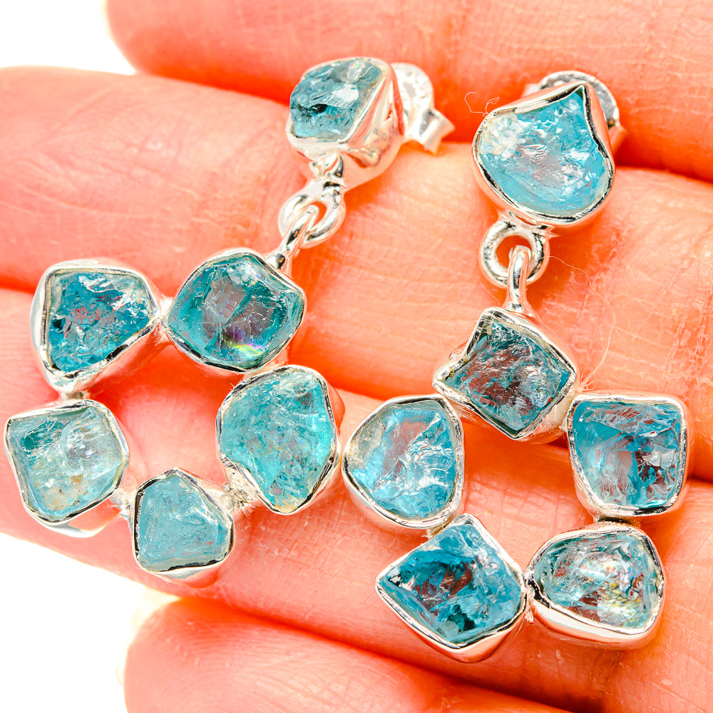 Rough apatite earrings, blue-green stone dangles on 925 sterling silver hooks