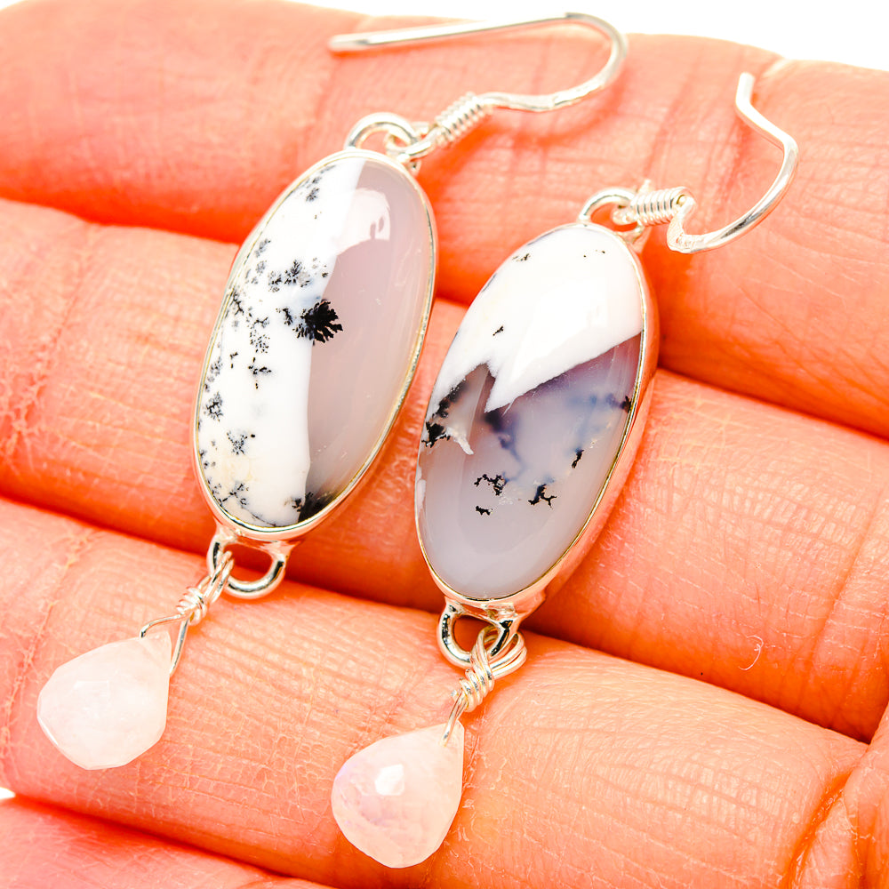 Oval dendritic opal earrings with sterling silver hooks and moonstone drop dangles