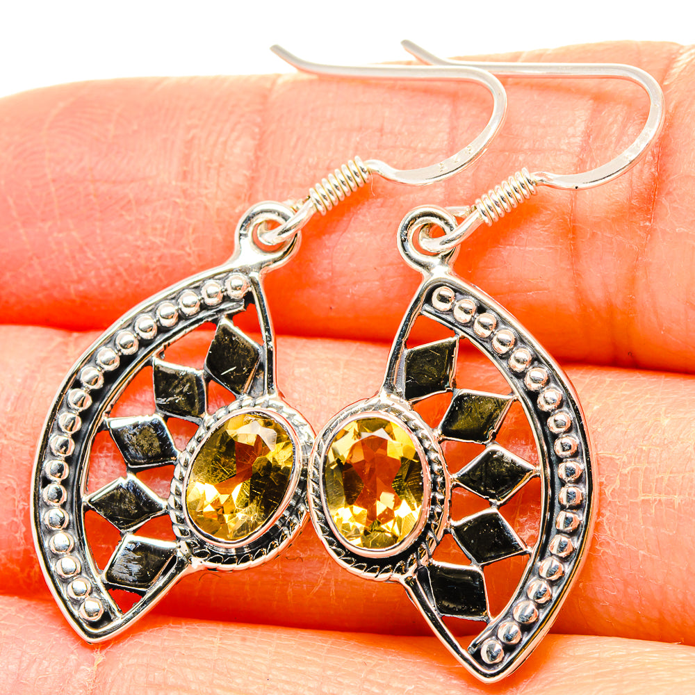 925 sterling silver citrine drop earrings, oval faceted yellow gems in black starburst halos