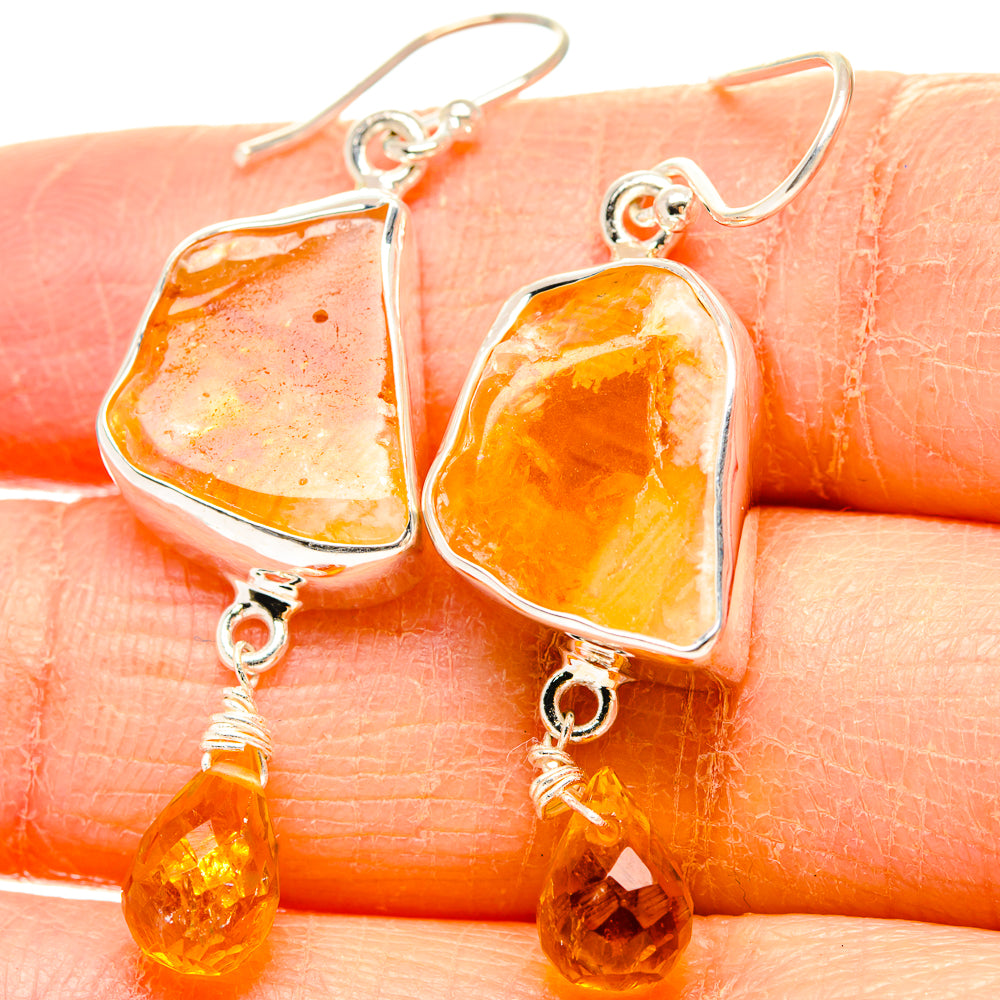 Sterling silver rough citrine drop earrings with amber stones and dangling drops