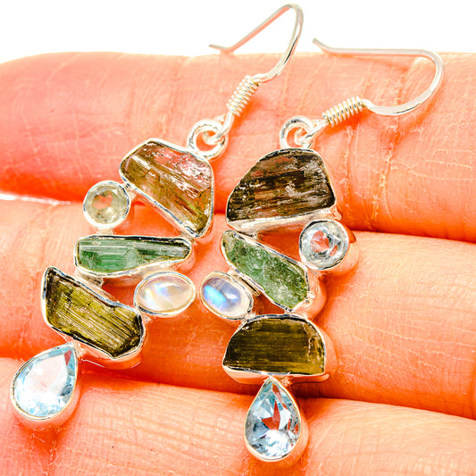 Green Tourmaline, Blue Topaz, Rainbow Moonstone Earrings handcrafted by Ana Silver Co - EARR431438