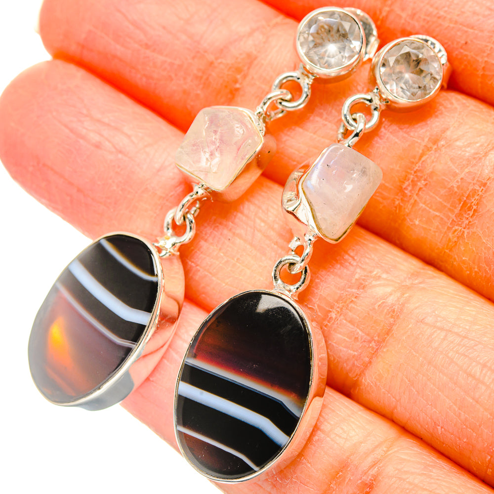 Black Botswana Agate, Rainbow Moonstone, White Quartz Earrings handcrafted by Ana Silver Co - EARR431446