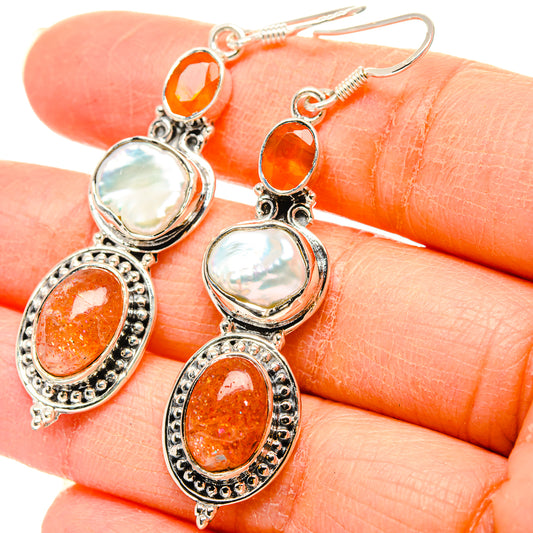 Sunstone, Mother Of Pearl, Carnelian Earrings handcrafted by Ana Silver Co - EARR431451