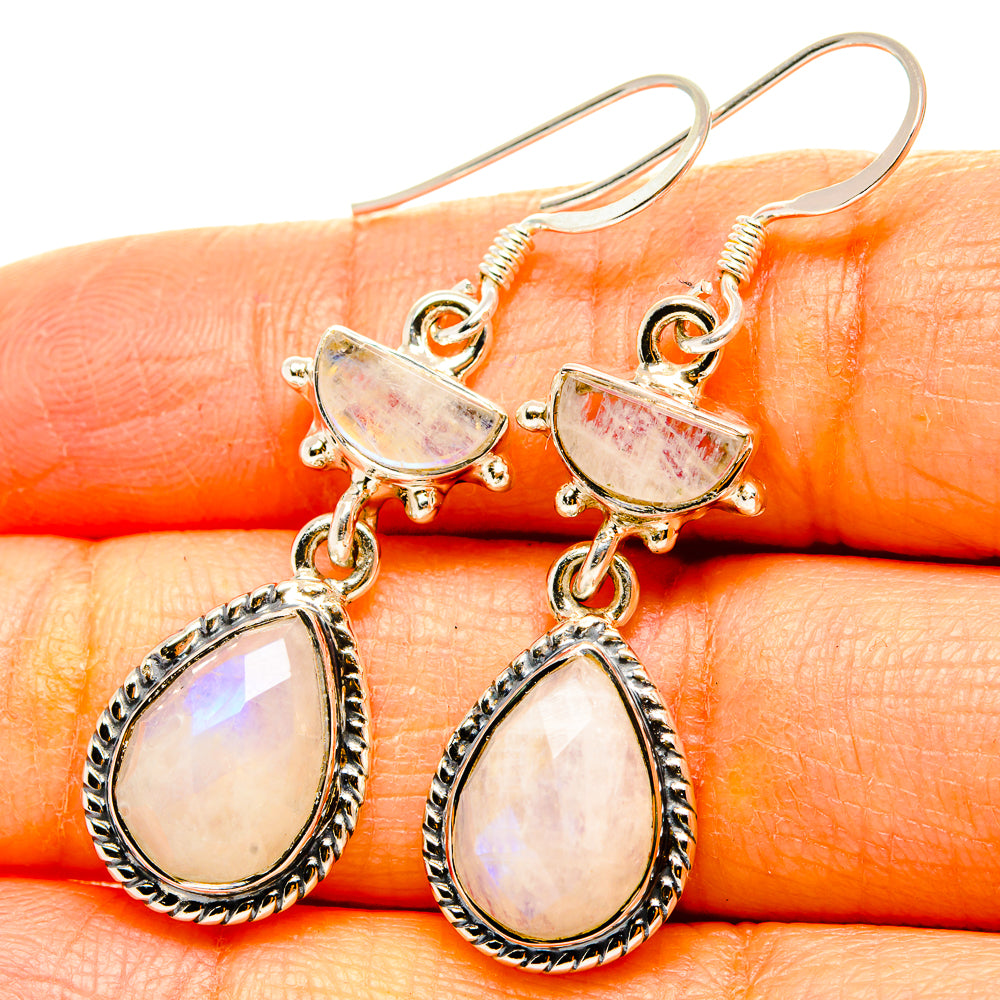 925 sterling silver moonstone drop earrings, teardrop stones with rainbow sheen, dangling.