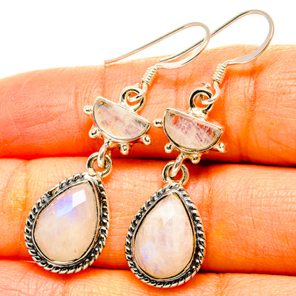 925 sterling silver moonstone drop earrings, teardrop stones with rainbow sheen, dangling.