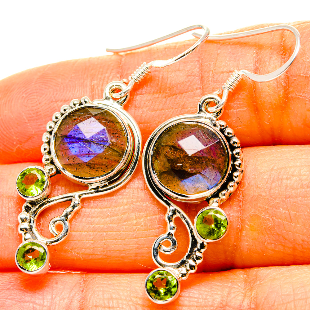 Sterling silver earrings with round labradorite showing blue flash and green peridot drops