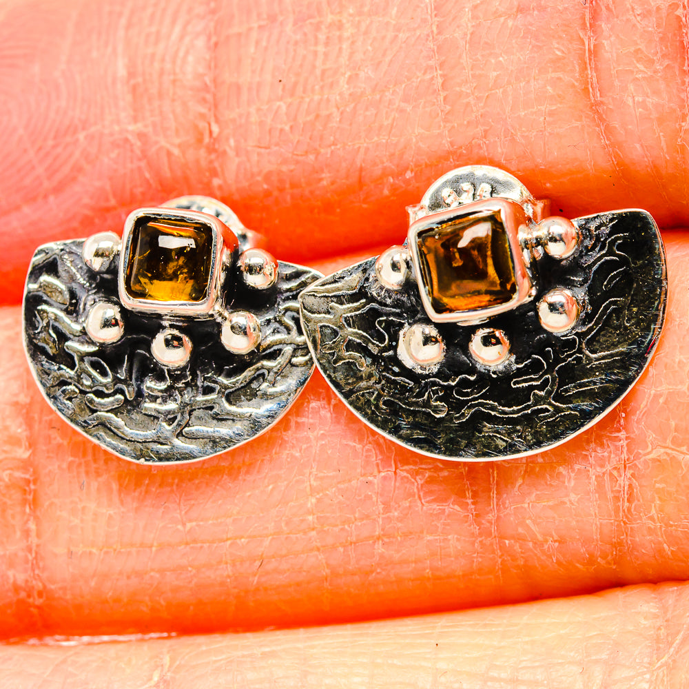 925 sterling silver citrine earrings, ornate half-moon studs with square amber stones