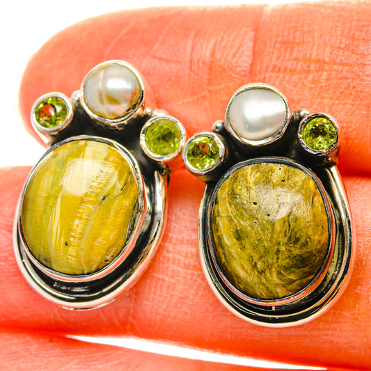 African Green Opal, Peridot, Cultured Pearl Earrings handcrafted by Ana Silver Co - EARR428551