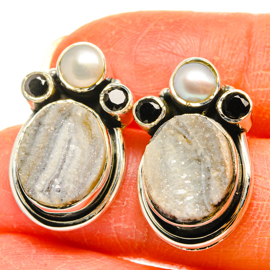 Desert Druzy, Black Onyx, Cultured Pearl Earrings handcrafted by Ana Silver Co - EARR428576