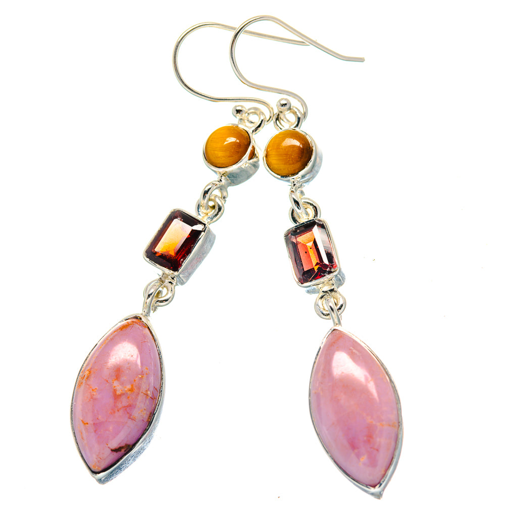 925 sterling silver drop earrings: orange round stones, pink teardrops, dark red accents