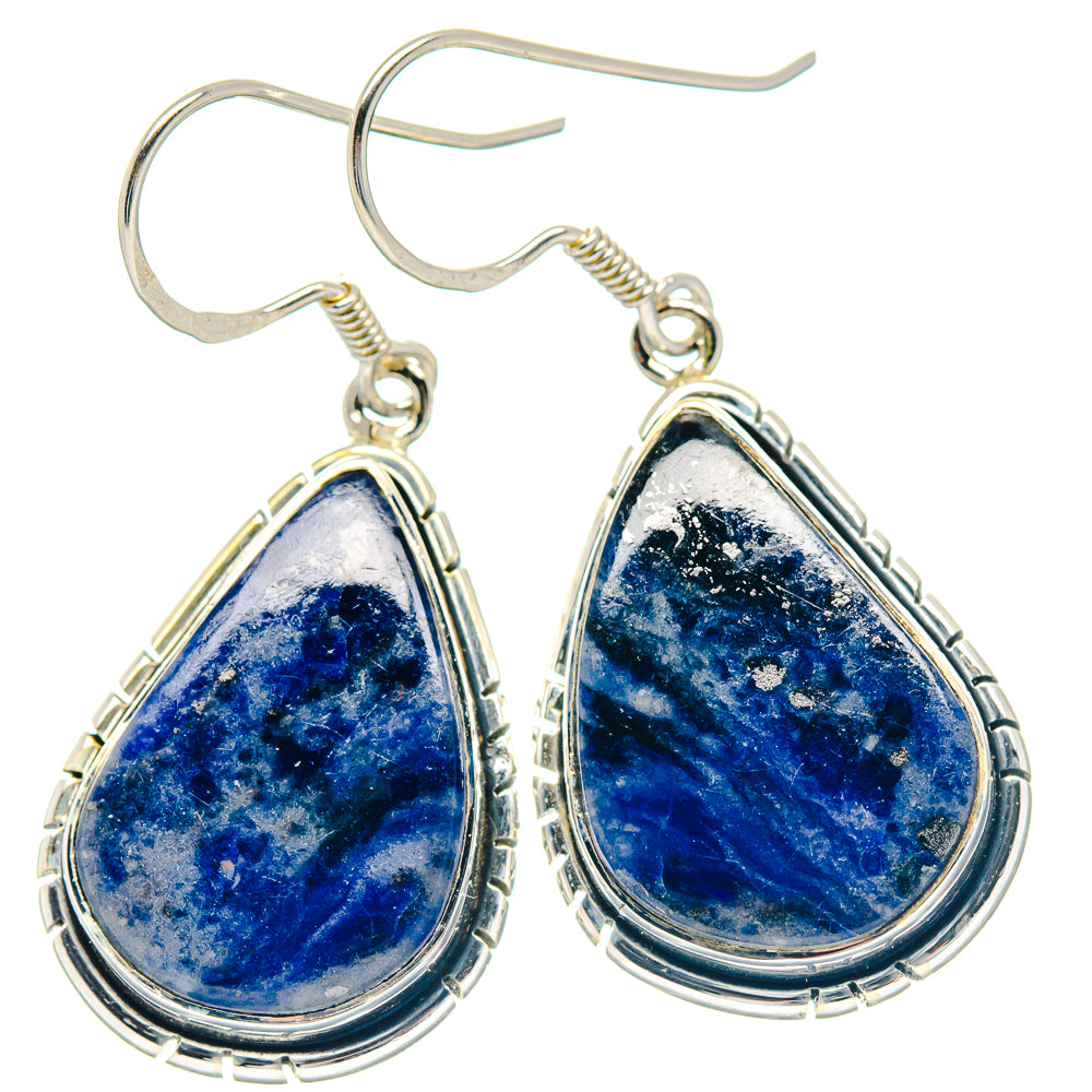 925 sterling silver sodalite teardrop earrings with blue stone and wire bezel, fishhook.