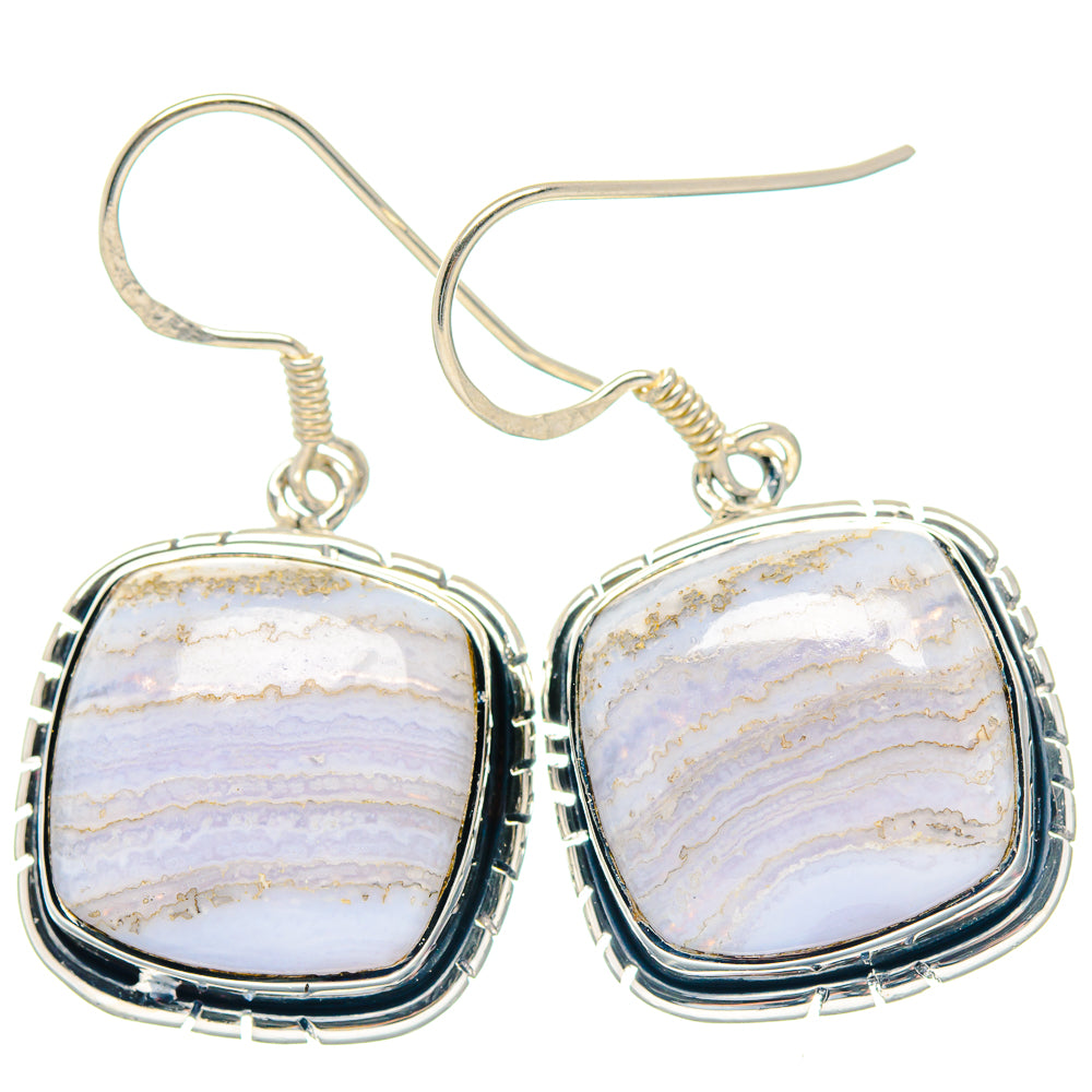 Blue lace agate earrings in square sterling silver bezel, dangle hook style