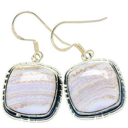 Blue lace agate earrings in square sterling silver bezel, dangle hook style