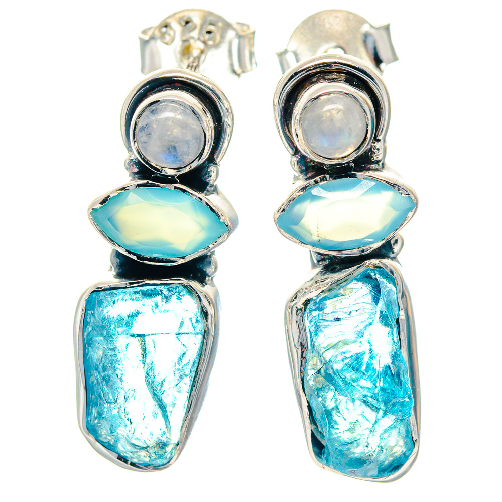 925 sterling silver drop earrings with round iridescent moonstone, teal oval and rough blue stones
