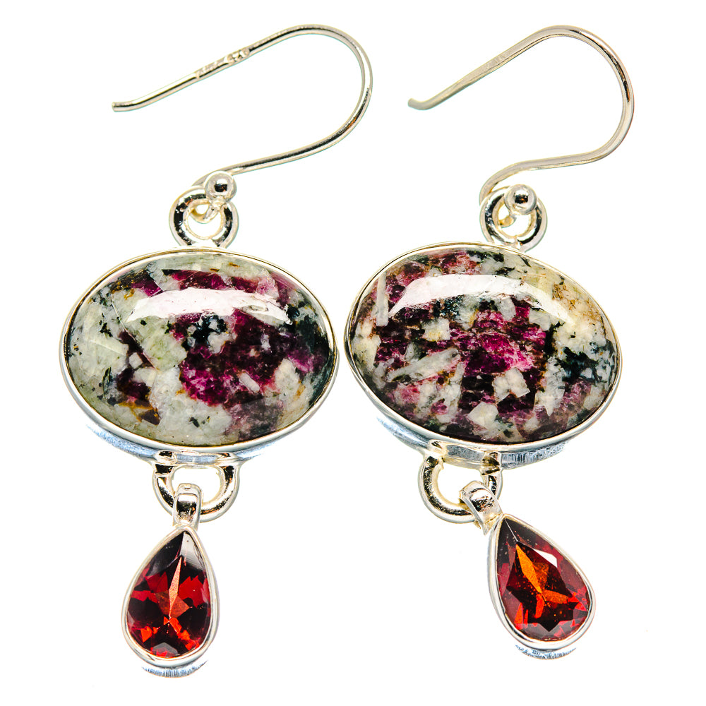 Sterling silver earrings with oval Russian eudialyte stones and red garnet teardrops