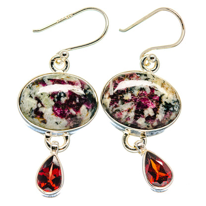 Sterling silver earrings with oval Russian eudialyte stones and red garnet teardrops
