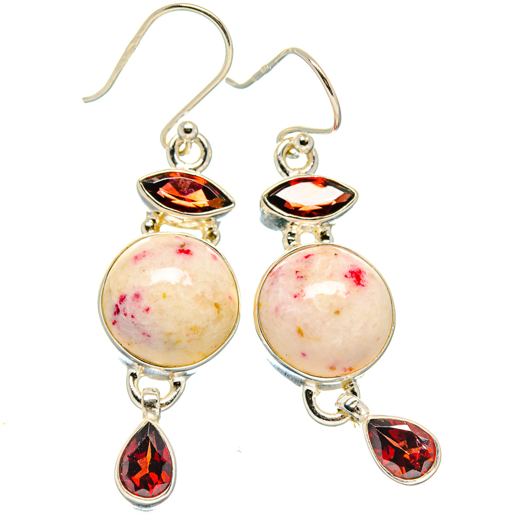 Sterling silver drop earrings with round speckled stone, marquise garnet, and teardrop dangles