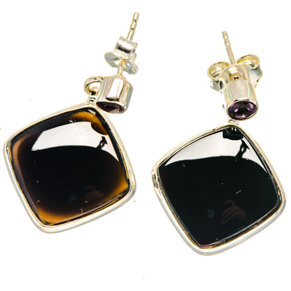 Black onyx drop earrings with purple amethyst studs, 925 sterling silver ear wires