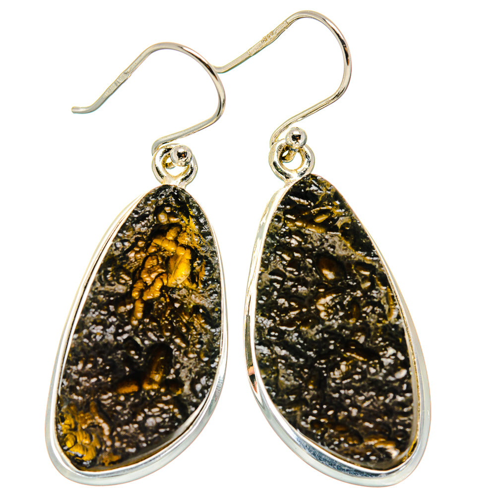 925 sterling silver tektite teardrop earrings with black and gold flecked stones
