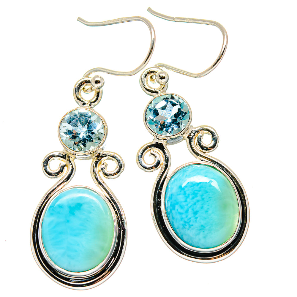 Larimar and blue topaz drop earrings, 925 silver-tone, oval light blue stones