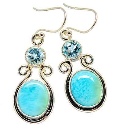 Larimar and blue topaz drop earrings, 925 silver-tone, oval light blue stones