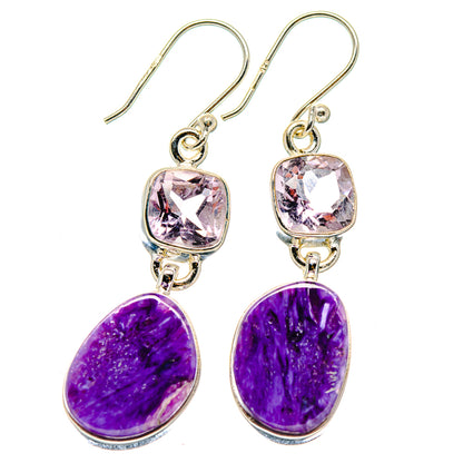 925 silver drop earrings: square amethyst studs, purple oval charoite drops